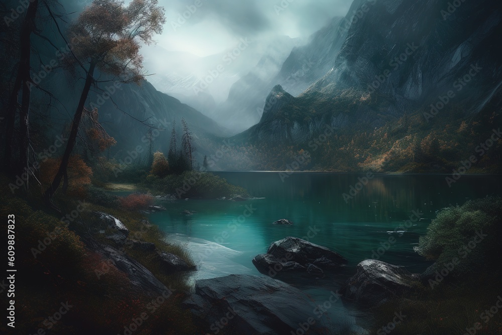 Poster an image of a lake that is surrounded by mountains. generative ai