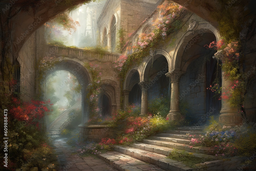 Poster an image depicting a courtyard with stairs and plants in it generative ai