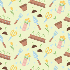 Garden pattern with working tools on a light yellow, shovels, scissors, watering cans, pots with sprouts
