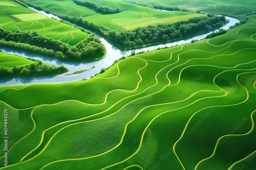 Poster an overhead perspective of a river that winds its way through a lush valley generative ai