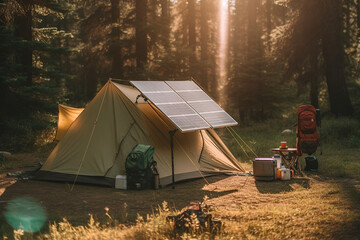 Image of a yellow camping tent in the woods with a lamp powered by solar energy at sunset. - obrazy, fototapety, plakaty