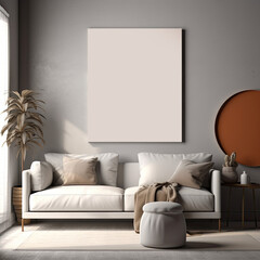 Square blank canvas on the white wall in the living room. Mockup of canvas in frame. Generated Ai