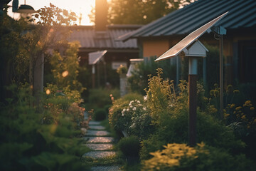 Fototapeta premium Image of a garden's decorative lighting powered by solar energy placed among the lush greenery.