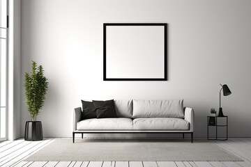 Square blank canvas on the white wall in the living room. Mockup of canvas in frame. Generated Ai