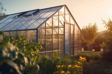 Obraz premium Image of a greenhouse with a wooden structure, full of crops and plants on a sunny day.