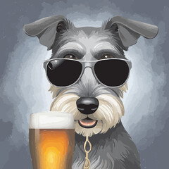 Miniature Schnauzer Dog With Sunglasses Drinking Beer