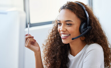 Call center, consulting and online with woman in office for telemarketing, customer service and ecommerce help desk. Advisory, sales and contact us with female consultant at computer for crm agent