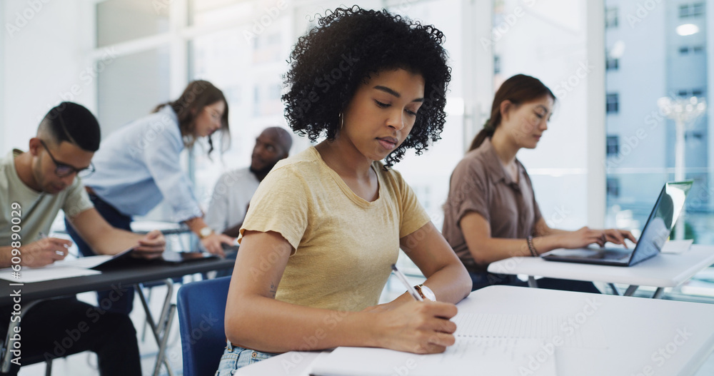 Poster education, exam and girl university student in classroom for business management lecture or studying