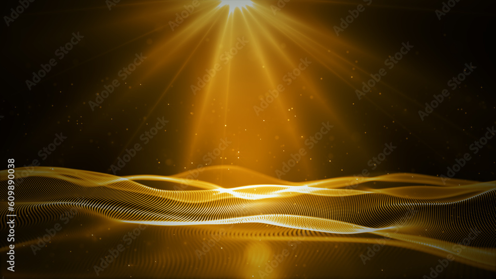 Poster digital gold color wave with flowing small particles motion on wave and light abstract background, 3