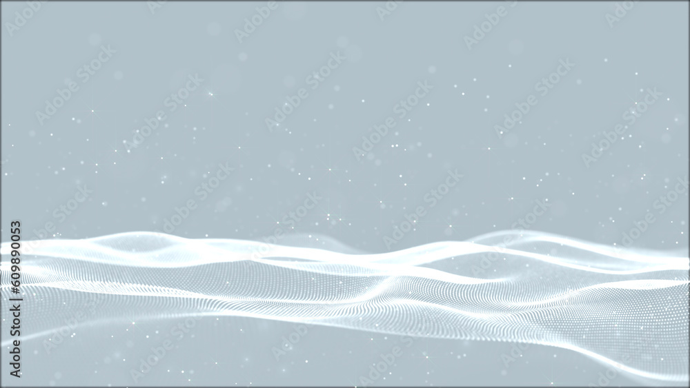 Poster digital white color wave with flowing small particles motion on wave and light abstract background, 