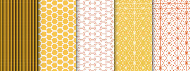 Set of minimal geometric seamless patterns, in bright warm yellow and red colors. Collection of backgrounds with abstract shapes of honeycomb, stripes, meshes and tangles