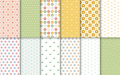 Set of minimal geometric seamless patterns, in different bright colors. Collection of backgrounds with abstract shapes of flowers, leaves, honeycomb, meshes, tangles, sprinkles, and polka dots