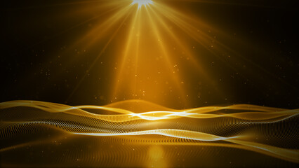 Digital gold color wave with flowing small particles motion on wave and light abstract background, 3d rendering
