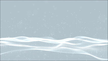 Digital white color wave with flowing small particles motion on wave and light abstract background, 3d rendering