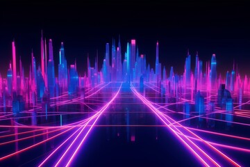 Wallpaper with futuristic neon lights, fiber optic internet connections, the concept of DATA communication transfer in a city light is fantastic. Generative AI.