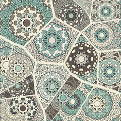 Vector patchwork quilt pattern. Vintage decorative collage. Hand drawn background. Indian, Arabic, Turkish motifs for printing on fabric or paper. Abstract colorful doodle pattern in mosaic style