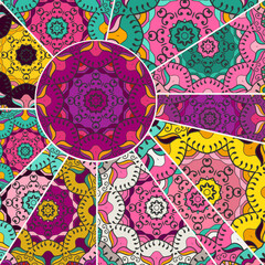 Vector patchwork quilt pattern. Vintage decorative collage. Hand drawn background. Indian, Arabic, Turkish motifs for printing on fabric or paper. Abstract colorful doodle pattern in mosaic style