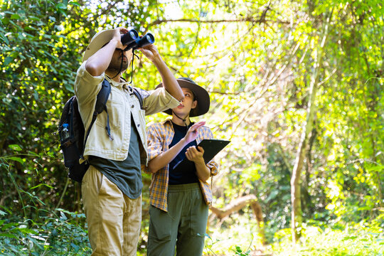 Ecologist,national park,forester,environmental conservation concept.Woman and man park ranger in uniform looks through binoculars and monitoring the forest area in summer or autum.