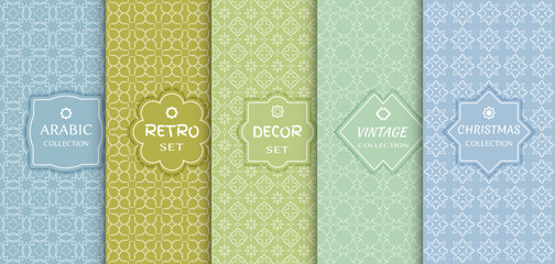 Set of seamless line patterns, colored background. Stylish decorative vintage, retro, arabic, christmas label decor set. Abstract geometric frame, vector illustration. Art Deco style, light colors