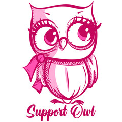 Conceptual art of a support owl with big eyes wearing a pink scarf for breast cancer awareness month. Animal mascot for a medical cause.