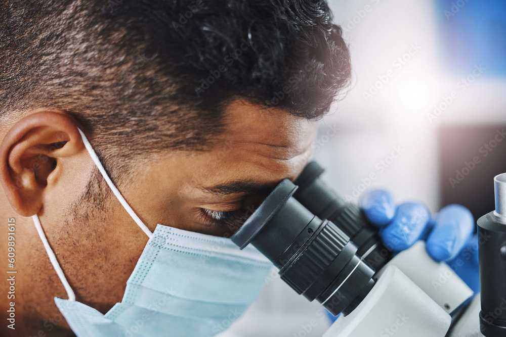 Poster science, laboratory and man with microscope for research, medical analysis and lab test for sample. 