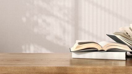 Blank brown wooden counter table, open, closed book pile stack in sunlight, leaf shadow on beige texture wallpaper wall for luxury for education, knowledge, learning, product display background 3D