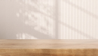Blank brown wooden counter table in soft sunlight, leaf shadow on beige texture wallpaper wall for luxury organic cosmetic, skincare, beauty, body care, treatment product display background 3D