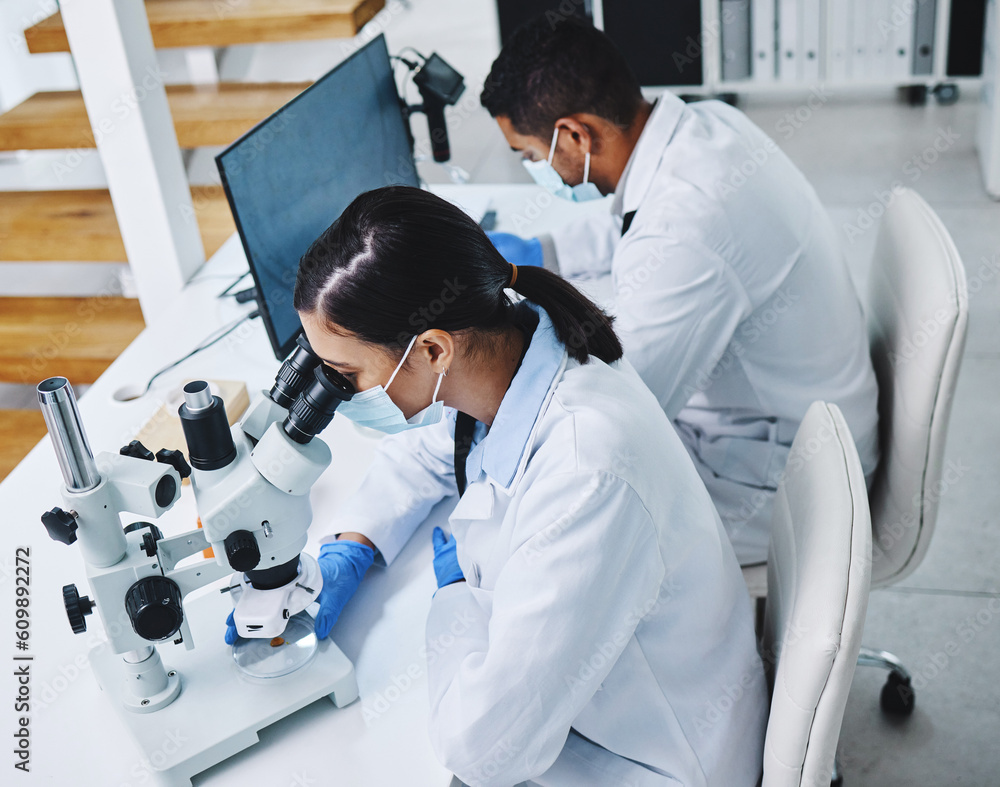 Poster Science, laboratory and scientists with microscope and computer for research, medical analysis and lab test. Healthcare, biotechnology and man and woman with equipment for sample, experiment and exam