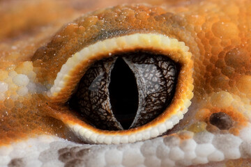 The closeup of eye of Orange Leopard Gecko (Eublepharis macularius).