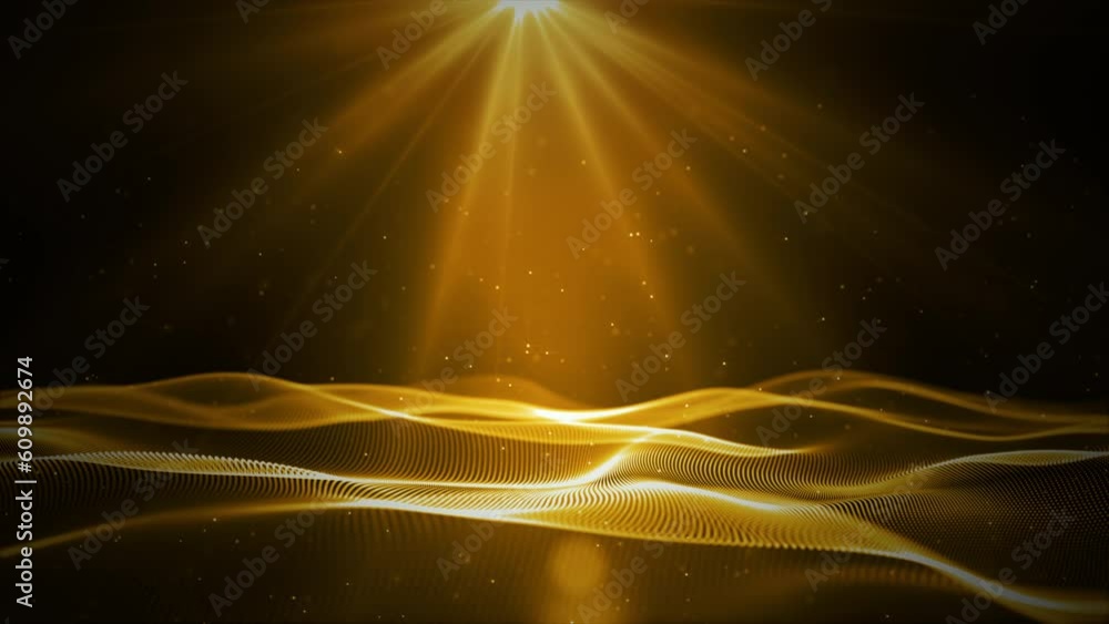 Poster Digital gold color wave with flowing small particles motion on wave and light abstract background, Seamless loop 4K 3d rendering