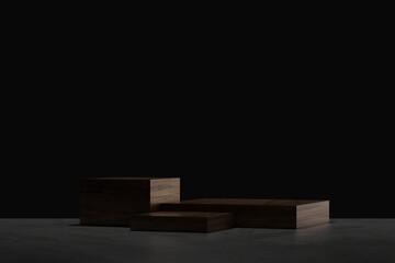 3D Black geometric stage podium. Dark background.