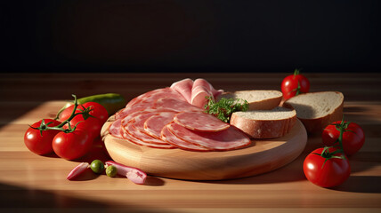 wooden chopping board with sliced mortadella and red pepper. Generative Ai - obrazy, fototapety, plakaty