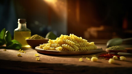 delicious macaroni pasta with sicilian pesto on wooden table. Generative Ai