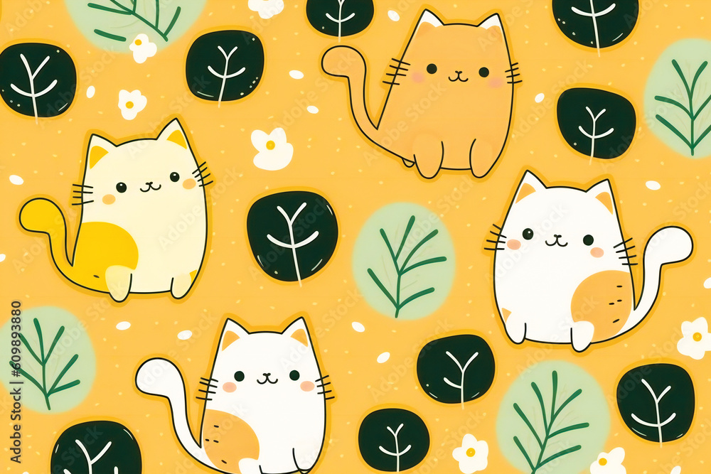Poster cute playful kitten cartoon characters background. created with generative ai technology.