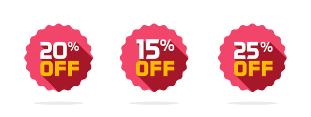 Price sale tag discount off icon vector set flat clipart, red yellow 15 20 25 badge label sticker modern round rosette star promotion element image