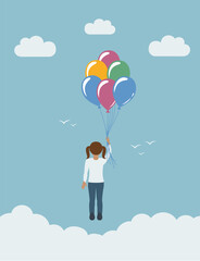 little girl flies with balloons in the sky childs dream