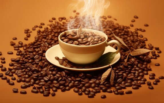 A coffee beans in cup and brown background. AI generated