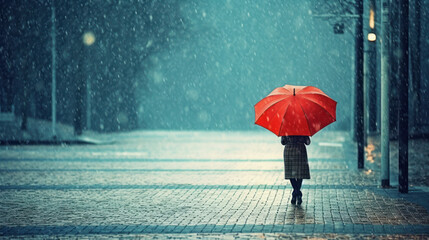 woman walking on street on rainy day with umbrella. rain, winter and cold. generative ai