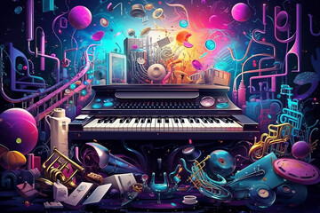 colorful neon background musical style theme abstract musical instruments 3d layout. Generative AI