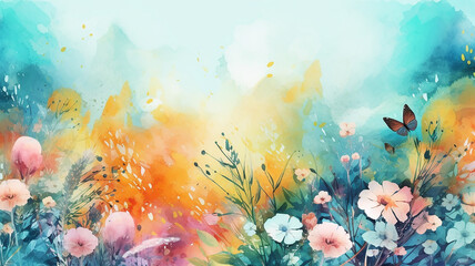 Fototapeta na wymiar abstract summer watercolor background flowers landscape vacation. generative Ai