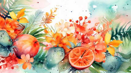 Obraz na płótnie Canvas abstract summer watercolor background flowers landscape vacation. generative Ai