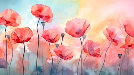 Fototapeta premium red poppies watercolor delicate drawing of wild flowers in a field on a white background. generative ai