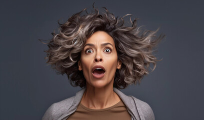 Studio portrait of shocked middle aged woman with gray hair, close up with gray color background, Generative AI