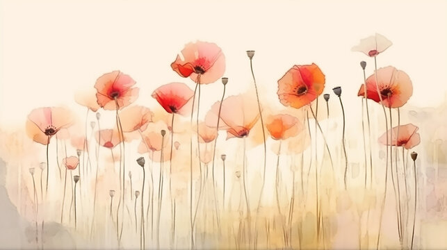 red poppies watercolor delicate drawing of wild flowers in a field on a white background. generative ai