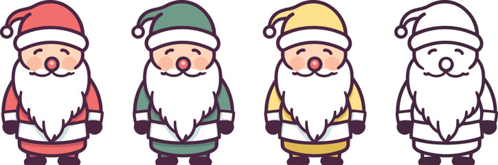 cute cartoon vector christmas santa claus set, christmas santa claus, set of cute christmas santa claus vector illustration 4 different types with outline