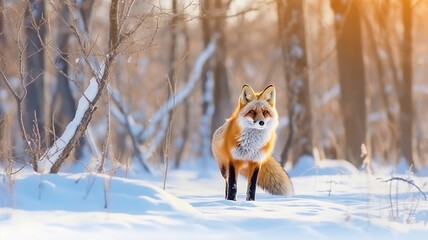 Fototapeta premium Fox on the winter forest meadow with white snow. Generative Ai