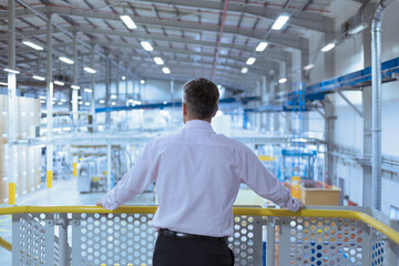 Supervisor on platform looking out over factory