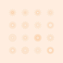 Set of linear sun icons. Collection of abstract design elements. Decorative symbols. Vector illustration.	