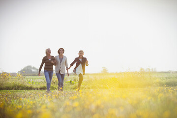 Multi-generation women walking in sunny meadow