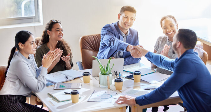 Business people, handshake and applause in meeting for hiring, b2b agreement or teamwork at office. Happy group of employees shaking hands and clapping in recruitment, partnership or corporate growth